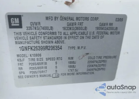 2009 Chevrolet Suburban 1500 Lt2 z USA, uszkodzony, nr VIN 1GNFK26399R206354